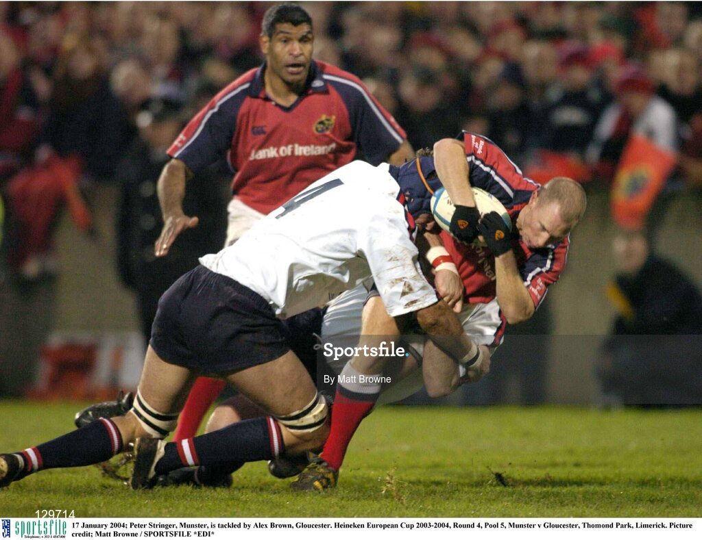 17 January 2004; Peter Stringer, Munster, is tackled by Alex Brown, Gloucester. Heineken European Cup 2003-2004, Round 4, Pool 5, Munster v Gloucester, Thomond Park, Limerick. Picture credit; Matt Browne / SPORTSFILE *EDI*