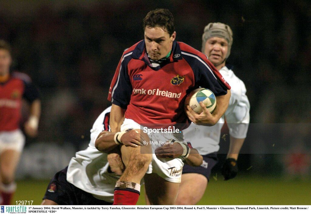 17 January 2004; David Wallace, Munster, is tackled by Terry Fanolua, Gloucester. Heineken European Cup 2003-2004, Round 4, Pool 5, Munster v Gloucester, Thomond Park, Limerick. Picture credit; Matt Browne / SPORTSFILE *EDI*