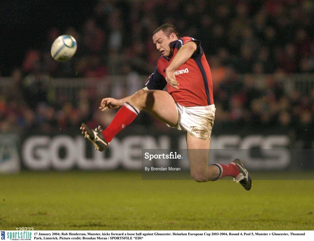 17 January 2004; Rob Henderson, Munster, kicks forward a loose ball against Gloucester. Heineken European Cup 2003-2004, Round 4, Pool 5, Munster v Gloucester, Thomond Park, Limerick. Picture credit; Brendan Moran / SPORTSFILE *EDI*