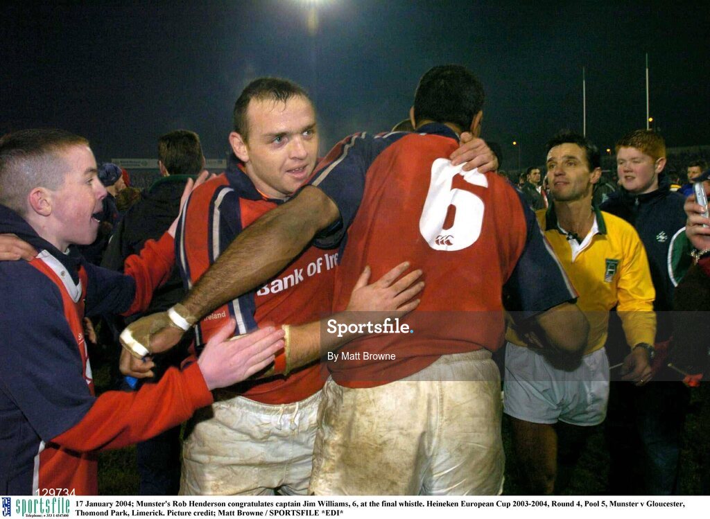 17 January 2004; Munster's Rob Henderson congratulates captain Jim Williams, 6, at the final whistle. Heineken European Cup 2003-2004, Round 4, Pool 5, Munster v Gloucester, Thomond Park, Limerick. Picture credit; Matt Browne / SPORTSFILE *EDI*