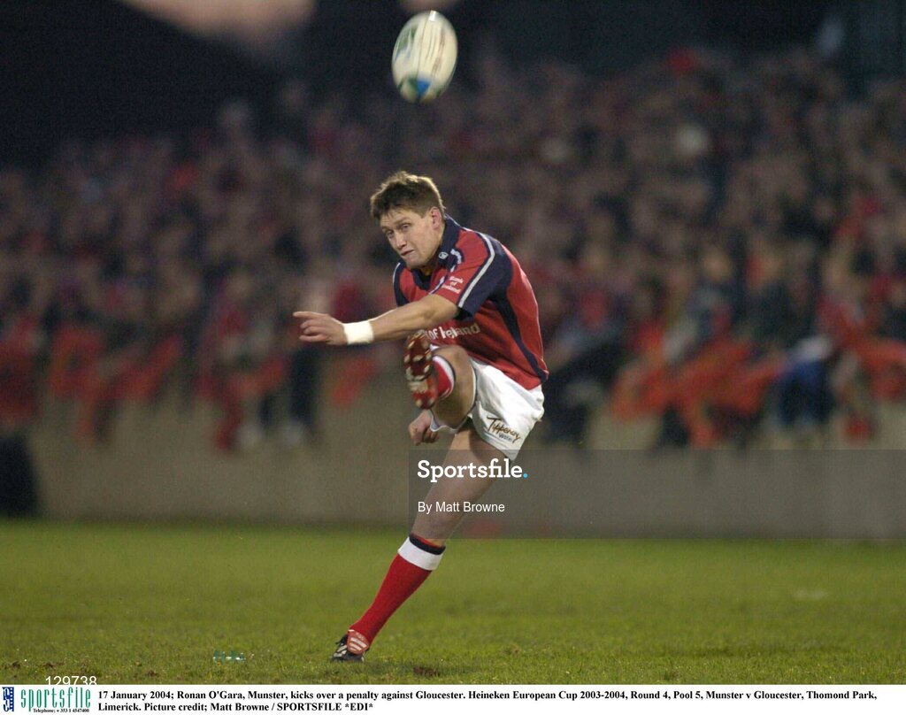 17 January 2004; Ronan O'Gara, Munster, kicks over a penalty against Gloucester. Heineken European Cup 2003-2004, Round 4, Pool 5, Munster v Gloucester, Thomond Park, Limerick. Picture credit; Matt Browne / SPORTSFILE *EDI*