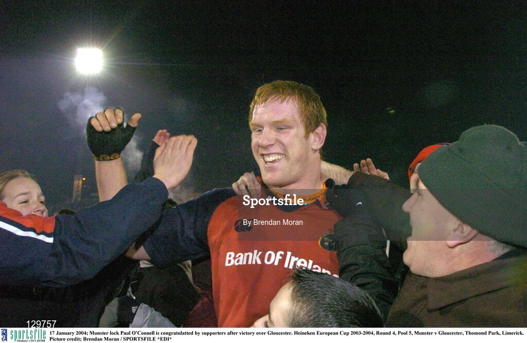 17 January 2004; Munster lock Paul O'Connell is congratulatted by supporters after victory over Gloucester. Heineken European Cup 2003-2004, Round 4, Pool 5, Munster v Gloucester, Thomond Park, Limerick. Picture credit; Brendan Moran / SPORTSFILE *EDI*