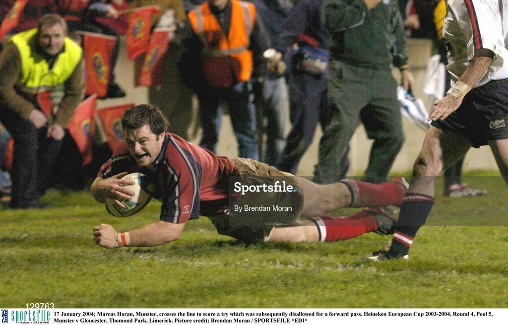 17 January 2004; Marcus Horan, Munster, crosses the line to score a try which was subsequently disallowed for a forward pass. Heineken European Cup 2003-2004, Round 4, Pool 5, Munster v Gloucester, Thomond Park, Limerick. Picture credit; Brendan Moran / SPORTSFILE *EDI*