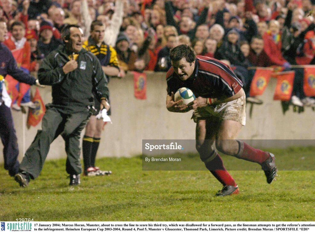 17 January 2004; Marcus Horan, Munster, about to cross the line to score his third try, which was disallowed for a forward pass, as the linesman attempts to get the referee's attention to the infringement. Heineken European Cup 2003-2004, Round 4, Pool 5, Munster v Gloucester, Thomond Park, Limerick. Picture credit; Brendan Moran / SPORTSFILE *EDI*