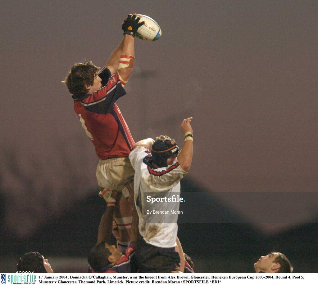 17 January 2004; Donnacha O'Callaghan, Munster, wins the lineout from Alex Brown, Gloucester. Heineken European Cup 2003-2004, Round 4, Pool 5, Munster v Gloucester, Thomond Park, Limerick. Picture credit; Brendan Moran / SPORTSFILE *EDI*