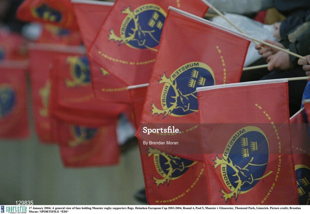 17 January 2004; A general view of fans holding Munster rugby supporters flags. Heineken European Cup 2003-2004, Round 4, Pool 5, Munster v Gloucester, Thomond Park, Limerick. Picture credit; Brendan Moran / SPORTSFILE *EDI*