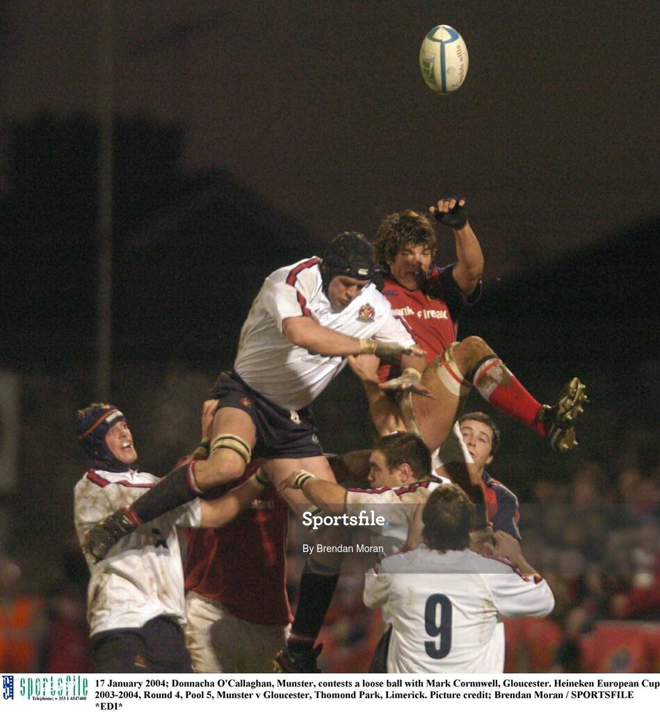 17 January 2004; Donnacha O'Callaghan, Munster, contests a loose ball with Mark Cornnwell, Gloucester. Heineken European Cup 2003-2004, Round 4, Pool 5, Munster v Gloucester, Thomond Park, Limerick. Picture credit; Brendan Moran / SPORTSFILE *EDI*