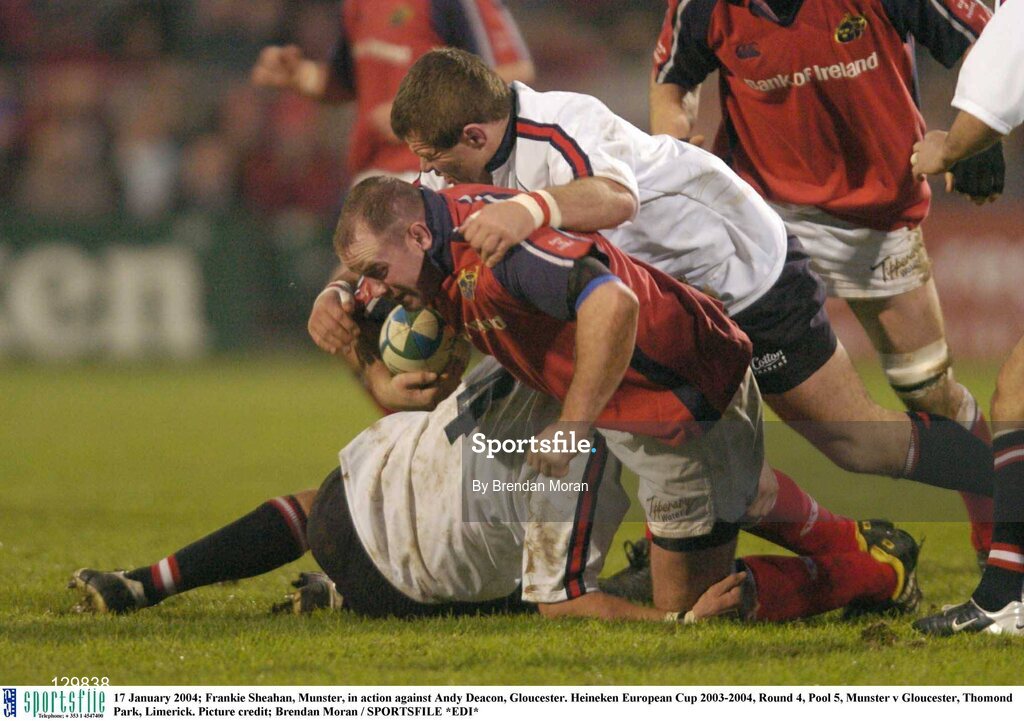 17 January 2004; Frankie Sheahan, Munster, in action against Andy Deacon, Gloucester. Heineken European Cup 2003-2004, Round 4, Pool 5, Munster v Gloucester, Thomond Park, Limerick. Picture credit; Brendan Moran / SPORTSFILE *EDI*