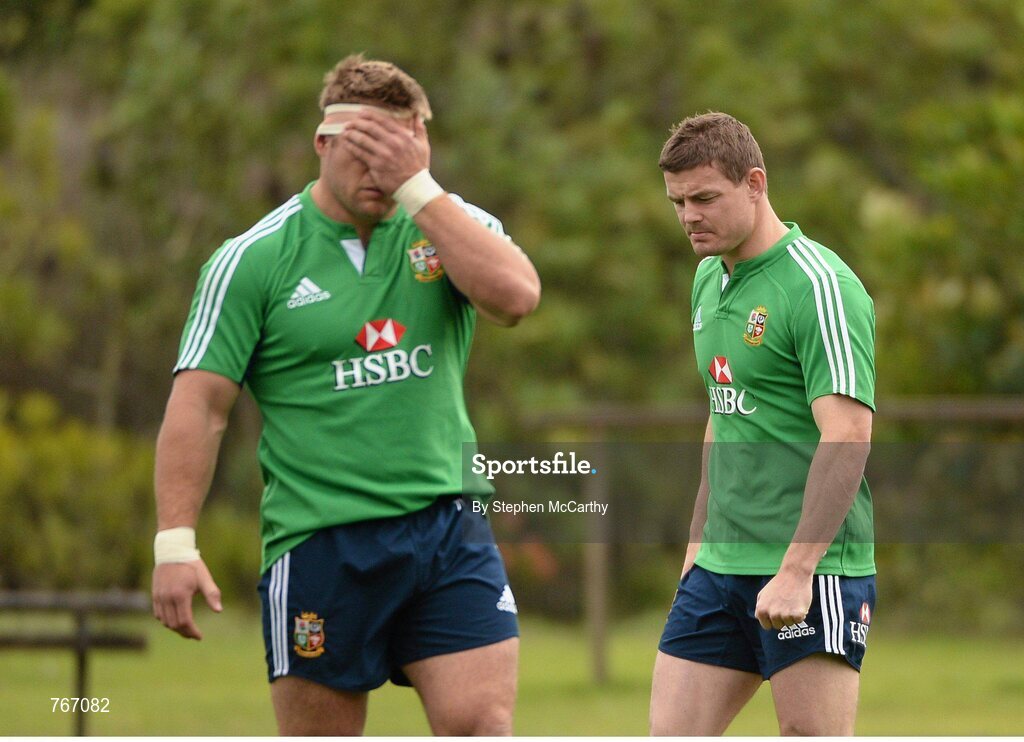 3 July 2013; Brian O'Driscoll and Tom Youngs, left, British & Irish Lions, during squad training ahead of their 3rd test match against Australia on Saturday. British & Irish Lions Tour 2013, Squad Training. Noosa Dolphins RFC, Dolphin Oval, Sunshine Beach, Queensland, Australia. Picture credit: Stephen McCarthy / SPORTSFILE