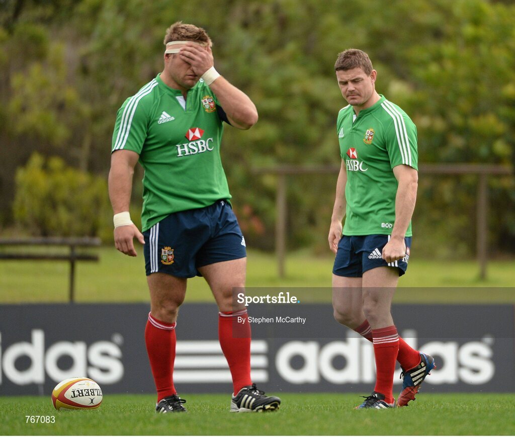 3 July 2013; Brian O'Driscoll and Tom Youngs, left, British & Irish Lions, during squad training ahead of their 3rd test match against Australia on Saturday. British & Irish Lions Tour 2013, Squad Training. Noosa Dolphins RFC, Dolphin Oval, Sunshine Beach, Queensland, Australia. Picture credit: Stephen McCarthy / SPORTSFILE