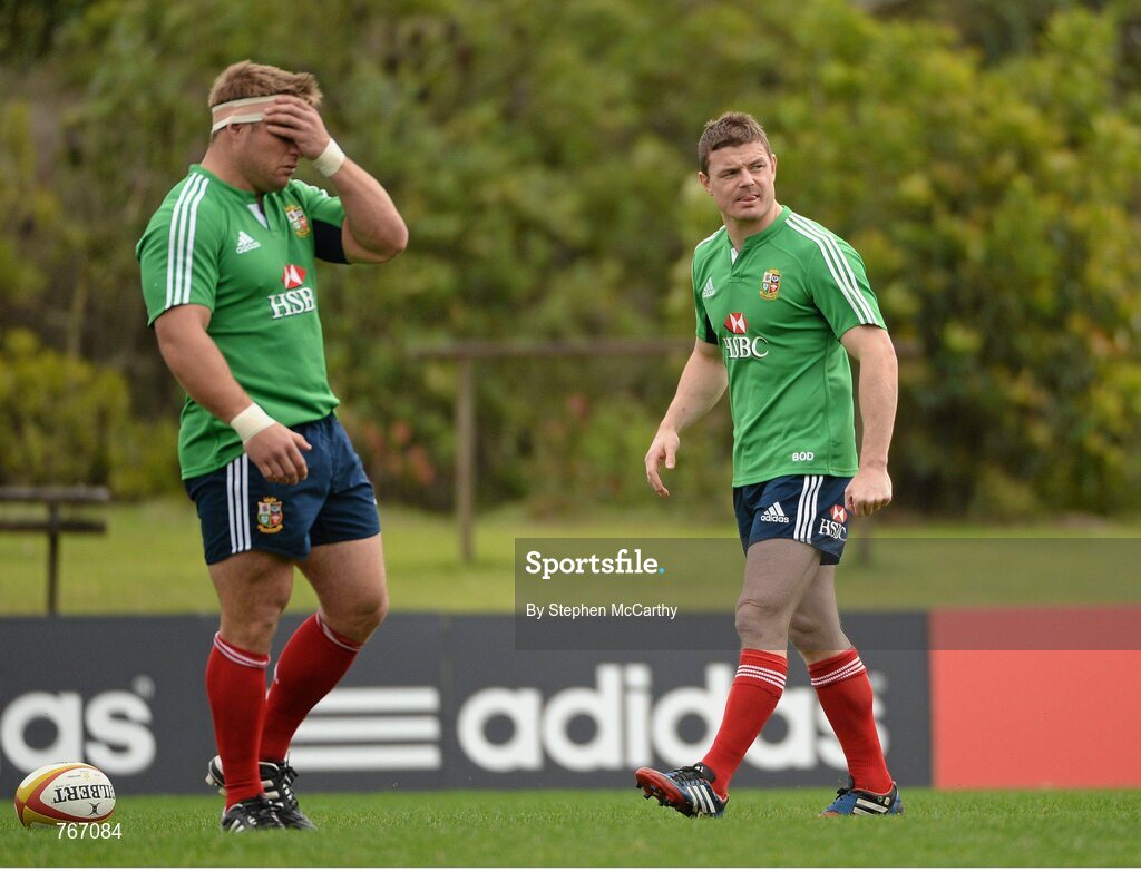 3 July 2013; Brian O'Driscoll and Tom Youngs, left, British & Irish Lions, during squad training ahead of their 3rd test match against Australia on Saturday. British & Irish Lions Tour 2013, Squad Training. Noosa Dolphins RFC, Dolphin Oval, Sunshine Beach, Queensland, Australia. Picture credit: Stephen McCarthy / SPORTSFILE