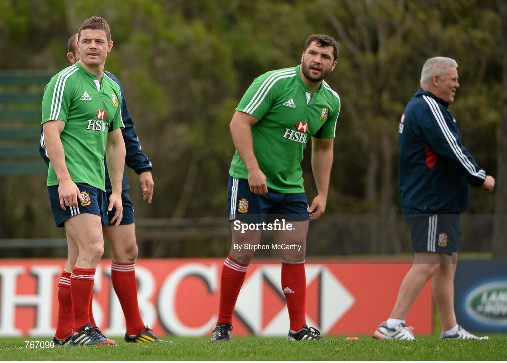3 July 2013; Brian O'Driscoll, British & Irish Lions, left, and head coach Warren Gatland, right, during squad training ahead of their 3rd test match against Australia on Saturday. British & Irish Lions Tour 2013, Squad Training. Noosa Dolphins RFC, Dolphin Oval, Sunshine Beach, Queensland, Australia. Picture credit: Stephen McCarthy / SPORTSFILE