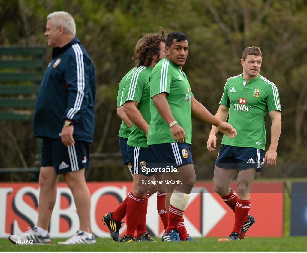 3 July 2013; Brian O'Driscoll, British & Irish Lions, right, and head coach Warren Gatland, left, during squad training ahead of their 3rd test match against Australia on Saturday. British & Irish Lions Tour 2013, Squad Training. Noosa Dolphins RFC, Dolphin Oval, Sunshine Beach, Queensland, Australia. Picture credit: Stephen McCarthy / SPORTSFILE