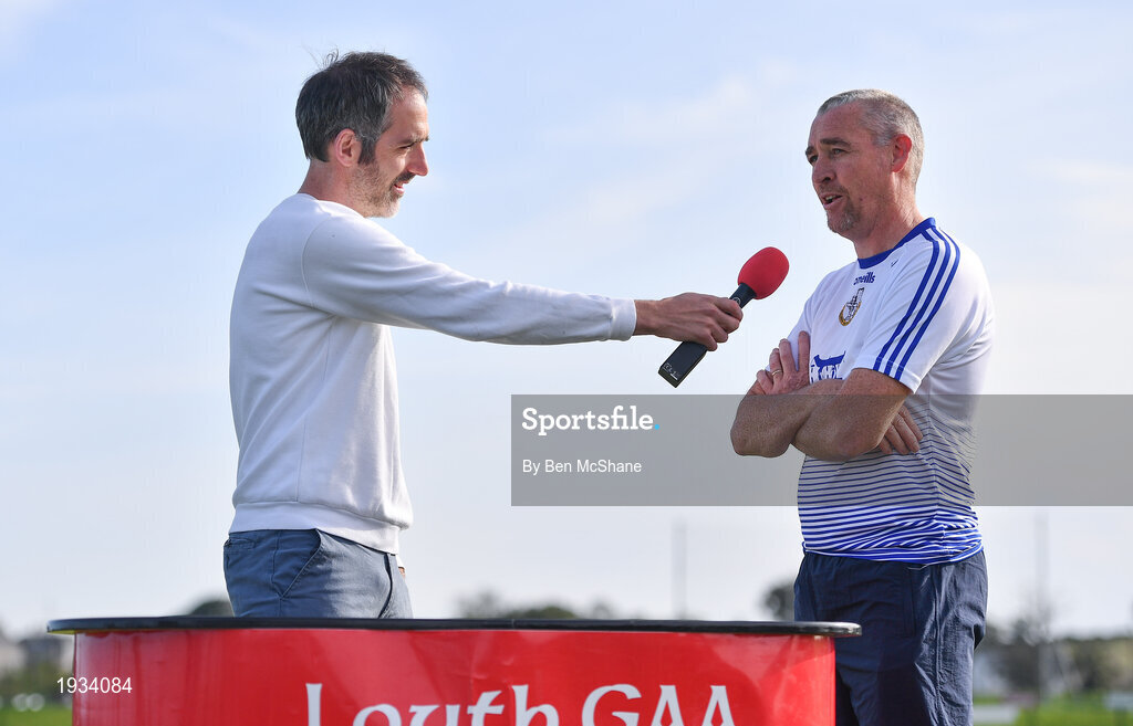 27 September 2020; Naomh Mairtin selector Eddie Martin is interviewed by Dan Bannon of the Louth and Proud Podcast ahead of the Louth County Senior Football Championship Final match between Naomh Mairtin and Ardee St Mary’s at Darver Louth Centre of Excellence in Louth. Photo by Ben McShane/Sportsfile