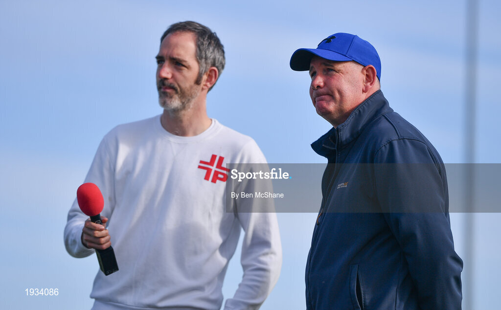 27 September 2020; Ardee St Mary's manager Sean Barry with Dan Bannon of the Louth and Proud Podcast ahead of the Louth County Senior Football Championship Final match between Naomh Mairtin and Ardee St Mary’s at Darver Louth Centre of Excellence in Louth. Photo by Ben McShane/Sportsfile
