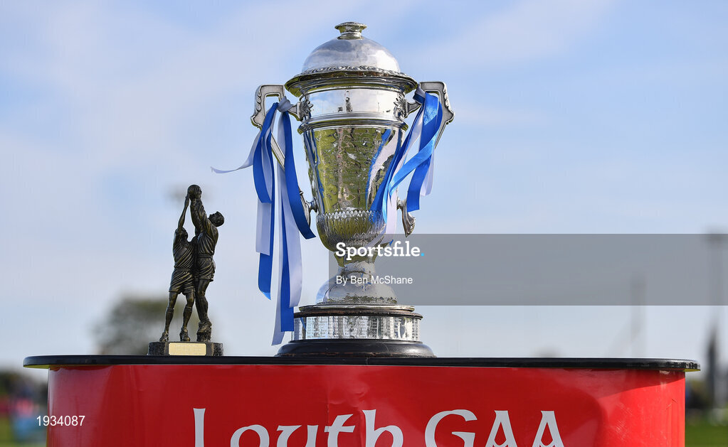 27 September 2020; A general view of the Joe Ward Cup and the Man of the Match award ahead of the Louth County Senior Football Championship Final match between Naomh Mairtin and Ardee St Mary’s at Darver Louth Centre of Excellence in Louth. Photo by Ben McShane/Sportsfile