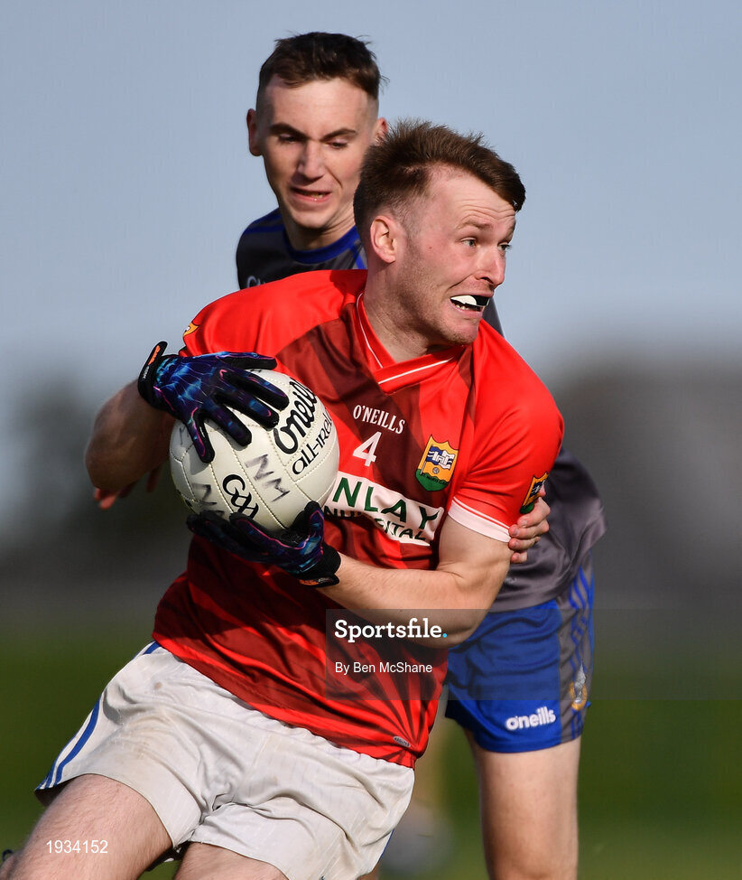 27 September 2020; Conor Keenan of Ardee St Mary's in action against Conor Whelan of Naomh Mairtin during the Louth County Senior Football Championship Final match between Naomh Mairtin and Ardee St Mary’s at Darver Louth Centre of Excellence in Louth. Photo by Ben McShane/Sportsfile