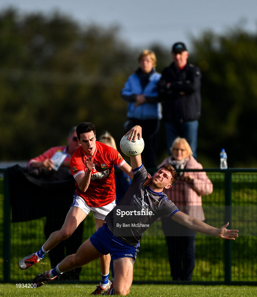 27 September 2020; Sam Mulroy of Naomh Mairtin is tackled by Karl Faulkner of Ardee St Mary's during the Louth County Senior Football Championship Final match between Naomh Mairtin and Ardee St Mary’s at Darver Louth Centre of Excellence in Louth. Photo by Ben McShane/Sportsfile