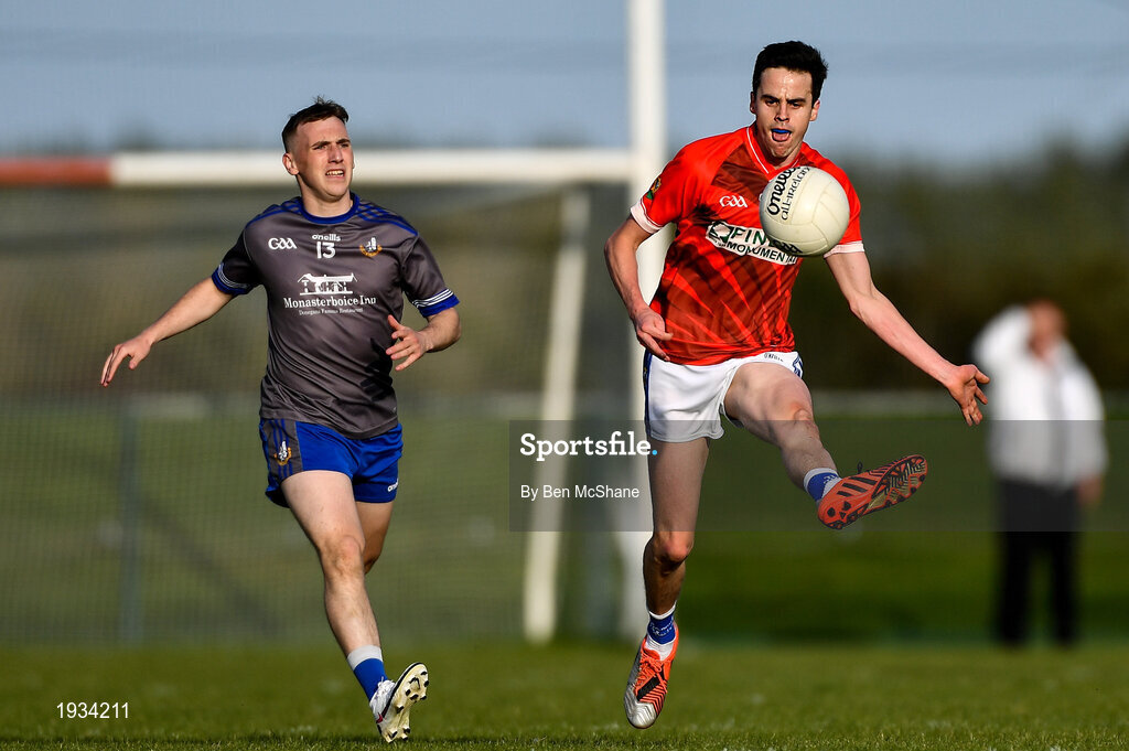 27 September 2020; Karl Faulkner of Ardee St Mary's in action against Conor Whelan of Naomh Mairtin during the Louth County Senior Football Championship Final match between Naomh Mairtin and Ardee St Mary’s at Darver Louth Centre of Excellence in Louth. Photo by Ben McShane/Sportsfile
