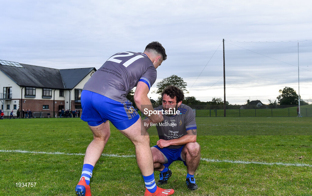 27 September 2020; Evan Whelan, right, of Naomh Mairtin with team-mate Conor Smyth, 21, following their side's victory in the Louth County Senior Football Championship Final match between Naomh Mairtin and Ardee St Mary’s at Darver Louth Centre of Excellence in Louth. Photo by Ben McShane/Sportsfile