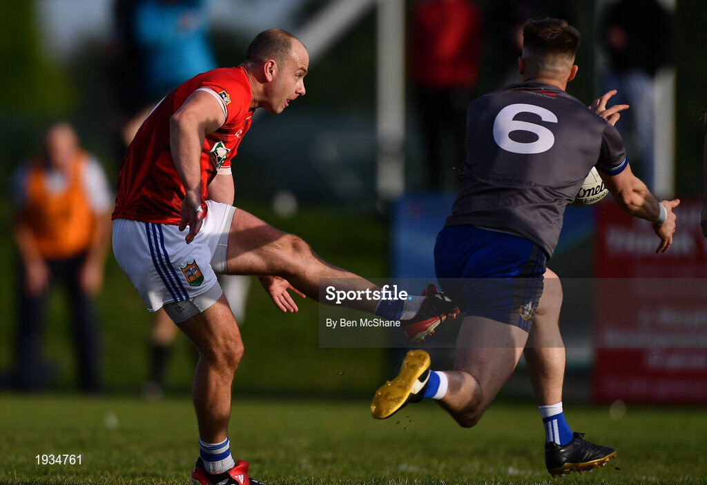 27 September 2020; Darren Clarke of Ardee St Mary's has a shot on goal blocked by Thomas Sullivan, 6, of Naomh Mairtin during the Louth County Senior Football Championship Final match between Naomh Mairtin and Ardee St Mary’s at Darver Louth Centre of Excellence in Louth. Photo by Ben McShane/Sportsfile