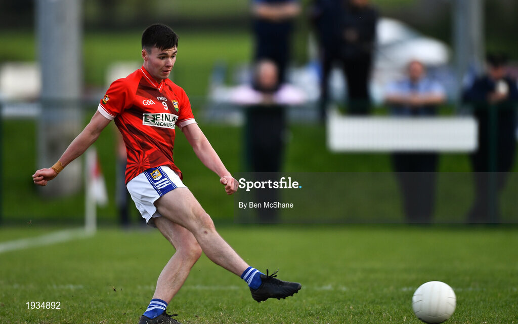 27 September 2020; Liam Jackson of Ardee St Mary's shoots to score his side's first goal, a penalty, during the Louth County Senior Football Championship Final match between Naomh Mairtin and Ardee St Mary’s at Darver Louth Centre of Excellence in Louth. Photo by Ben McShane/Sportsfile