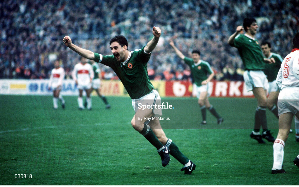 17 October 1990; Republic of Ireland's John Aldridge celebrates after scoring one of Ireland's five goals after defeating Turkey 5-0. Ireland v Turkey, Lansdowne Road, Dublin. Soccer. Photo by Ray McManus/Sportsfile