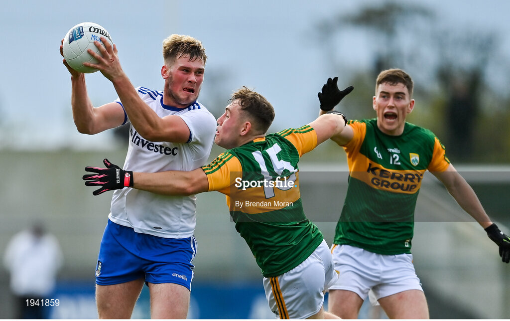 17 October 2020; Andrew Woods of Monaghan in action against Kerry players Dara Moynihan and Ronan Buckley during the Allianz Football League Division 1 Round 6 match between Monaghan and Kerry at Grattan Park in Inniskeen, Monaghan. Photo by Brendan Moran/Sportsfile