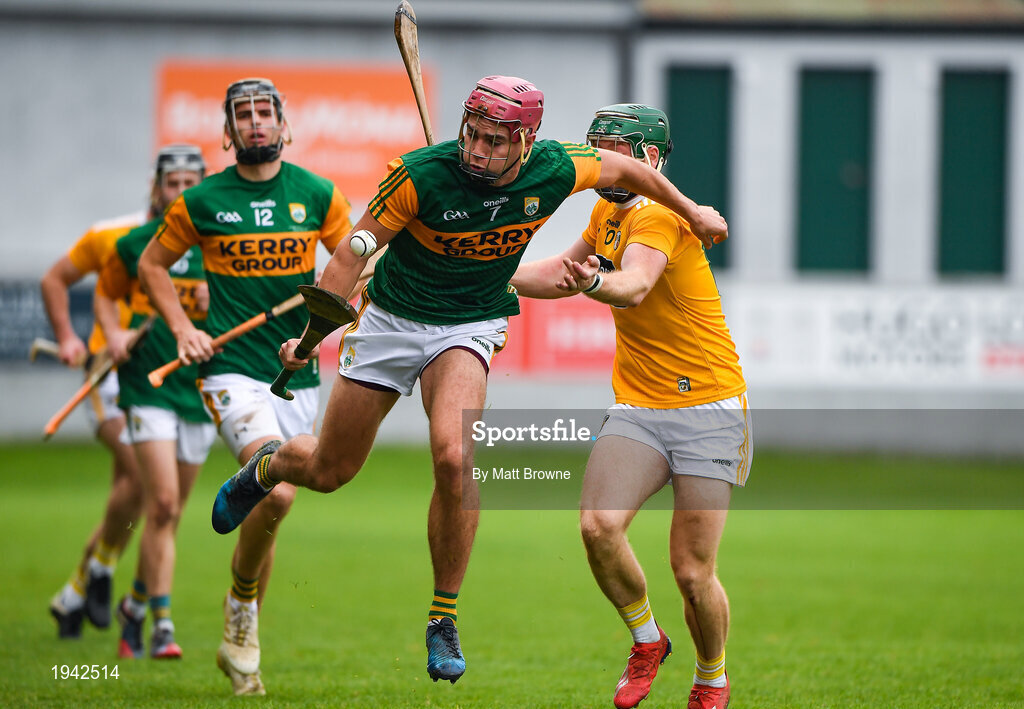 18 October 2020; Fionan MacKessy of Kerry in action against Niall McKenna of Antrim during the Allianz Hurling League Division 2A Final match between Antrim and Kerry at Bord na Mona O'Connor Park in Tullamore, Offaly. Photo by Matt Browne/Sportsfile