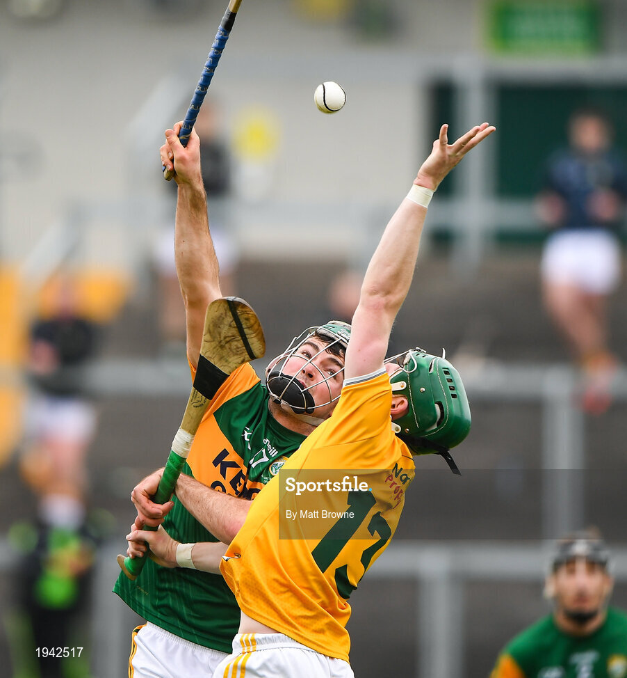 18 October 2020; Conal Cunning of Antrim in action against Eric Leen of Kerry during the Allianz Hurling League Division 2A Final match between Antrim and Kerry at Bord na Mona O'Connor Park in Tullamore, Offaly. Photo by Matt Browne/Sportsfile