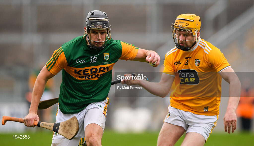 18 October 2020; Michael Leane of Kerry in action against Phelim Duffin of Antrim during the Allianz Hurling League Division 2A Final match between Antrim and Kerry at Bord na Mona O'Connor Park in Tullamore, Offaly. Photo by Matt Browne/Sportsfile
