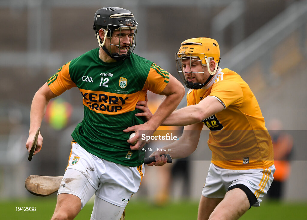 18 October 2020; Michael Leane of Kerry in action against Phelim Duffin of Antrim during the Allianz Hurling League Division 2A Final match between Antrim and Kerry at Bord na Mona O'Connor Park in Tullamore, Offaly. Photo by Matt Browne/Sportsfile