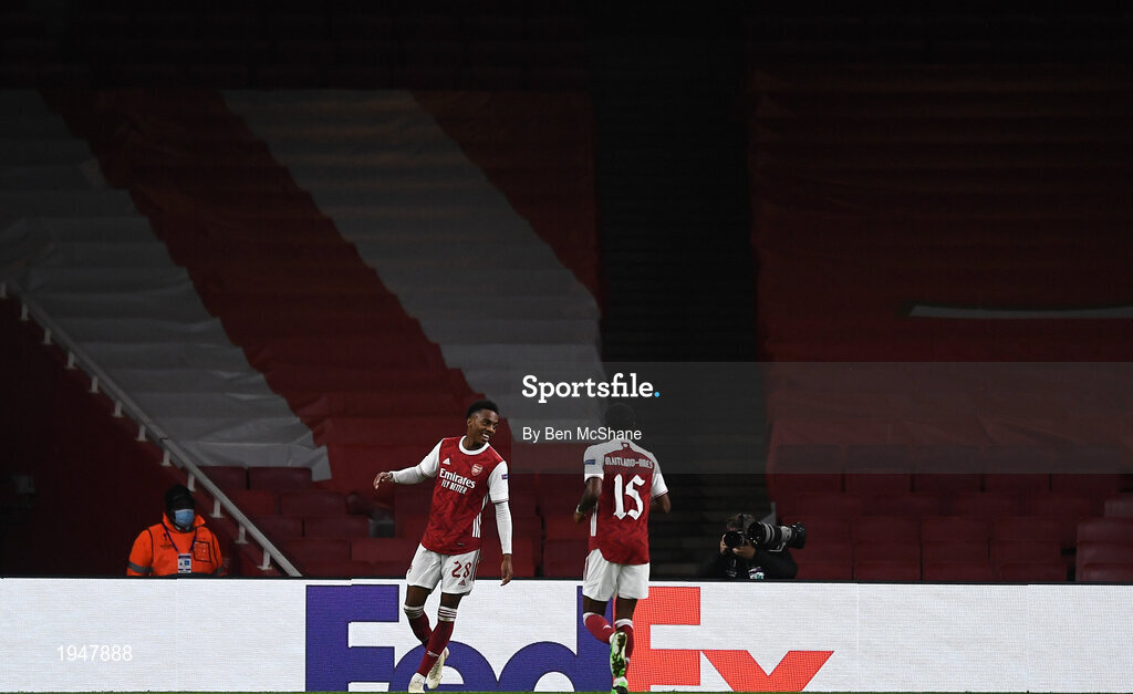 29 October 2020; Joe Willock of Arsenal after scoring his side's second goal during the UEFA Europa League Group B match between Arsenal and Dundalk at the Emirates Stadium in London, England. Photo by Ben McShane/Sportsfile