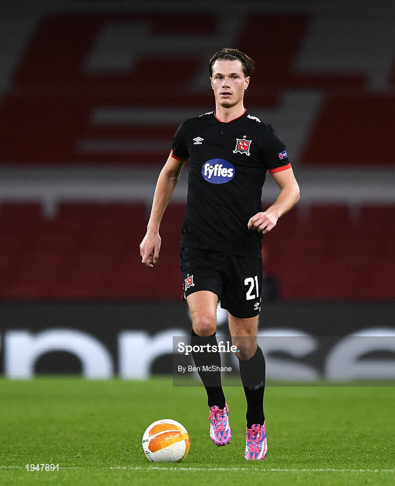 29 October 2020; Daniel Cleary of Dundalk during the UEFA Europa League Group B match between Arsenal and Dundalk at the Emirates Stadium in London, England. Photo by Ben McShane/Sportsfile