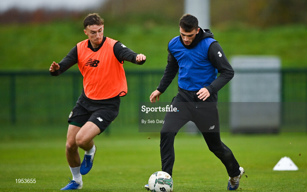 11 November 2020; Troy Parrott, left, and Conor Masterson during a Republic of Ireland U21 training session at the FAI National Training Centre in Abbotstown, Dublin. Photo by Seb Daly/Sportsfile