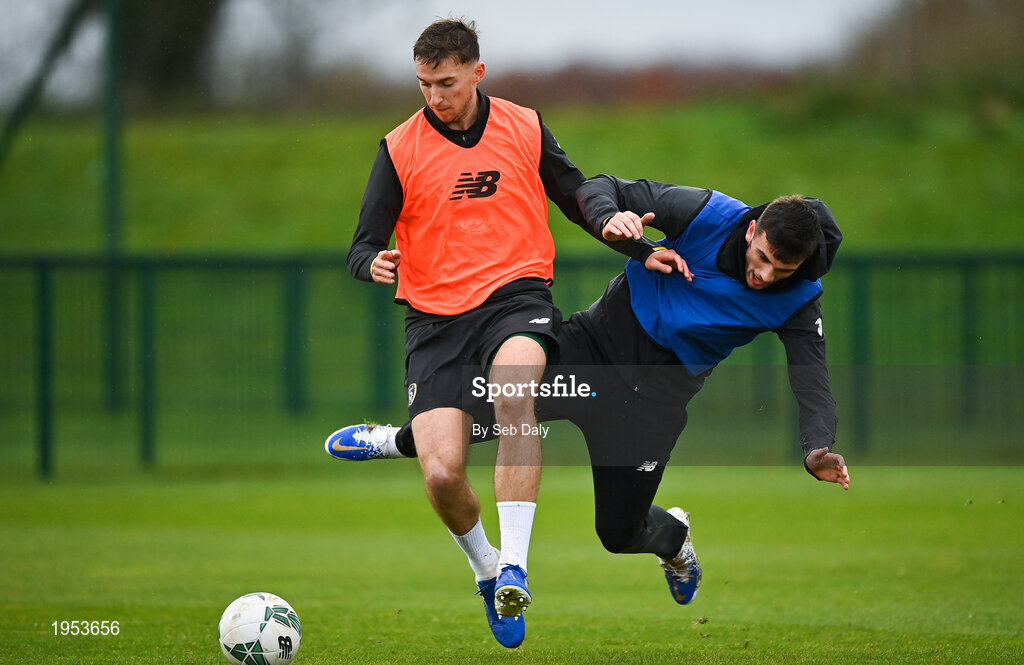 11 November 2020; Conor Masterson, left, and Troy Parrott during a Republic of Ireland U21 training session at the FAI National Training Centre in Abbotstown, Dublin. Photo by Seb Daly/Sportsfile