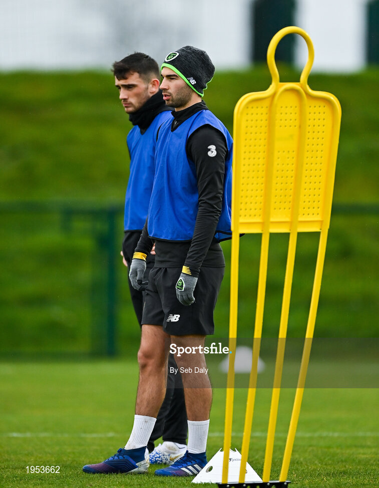 11 November 2020; Danny Mandroiu and Troy Parrott during a Republic of Ireland U21 training session at the FAI National Training Centre in Abbotstown, Dublin. Photo by Seb Daly/Sportsfile