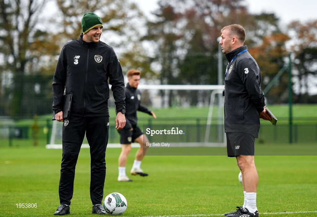 11 November 2020; Assistant managers John O'Shea, left, and Alan Reynolds during a Republic of Ireland U21 training session at the FAI National Training Centre in Abbotstown, Dublin. Photo by Seb Daly/Sportsfile