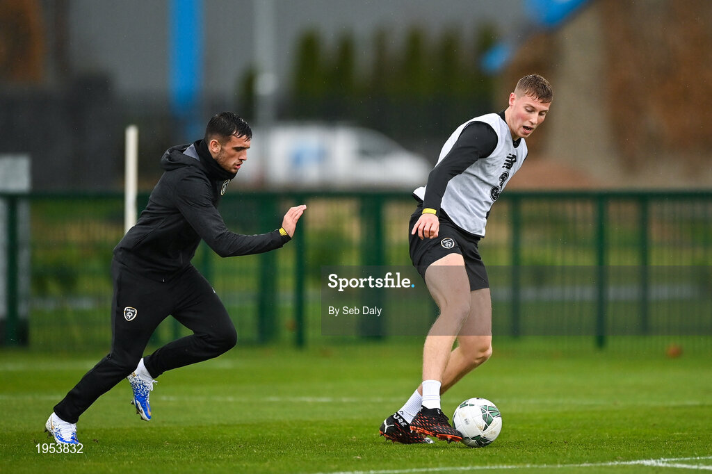 11 November 2020; Mark McGuinness, right, and Troy Parrott during a Republic of Ireland U21 training session at the FAI National Training Centre in Abbotstown, Dublin. Photo by Seb Daly/Sportsfile