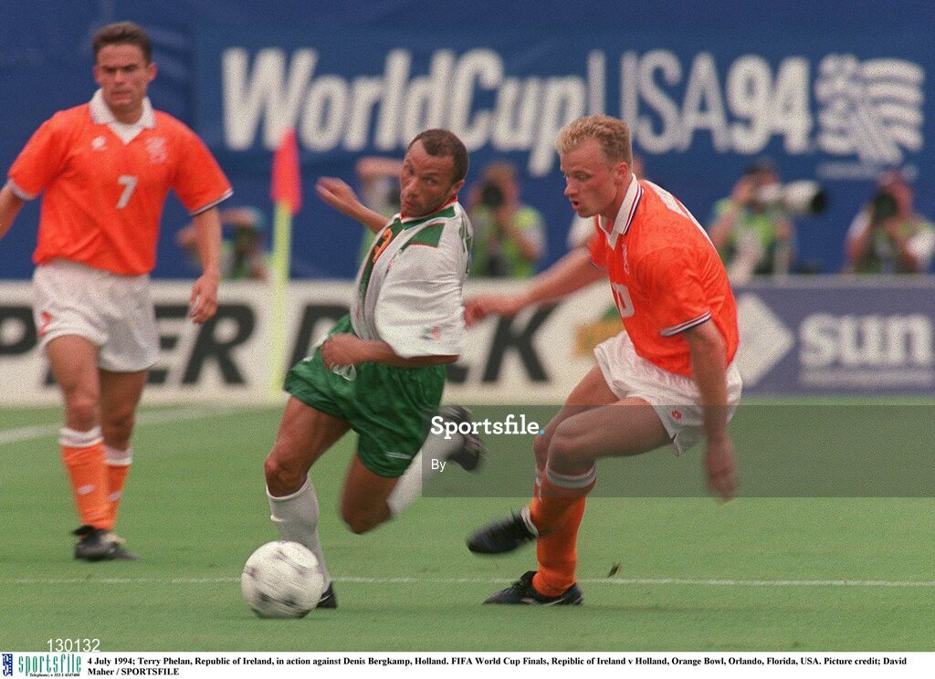 4 July 1994; Terry Phelan, Republic of Ireland, in action against Denis Bergkamp, Holland. FIFA World Cup Finals, Republic of Ireland v Holland, Orange Bowl, Orlando, Florida, USA. Picture credit; David Maher / SPORTSFILE