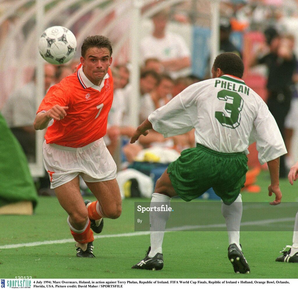 4 July 1994; Marc Overmars, Holand, in action against Terry Phelan, Republic of Ireland. FIFA World Cup Finals, Republic of Ireland v Holland, Orange Bowl, Orlando, Florida, USA. Picture credit; David Maher / SPORTSFILE
