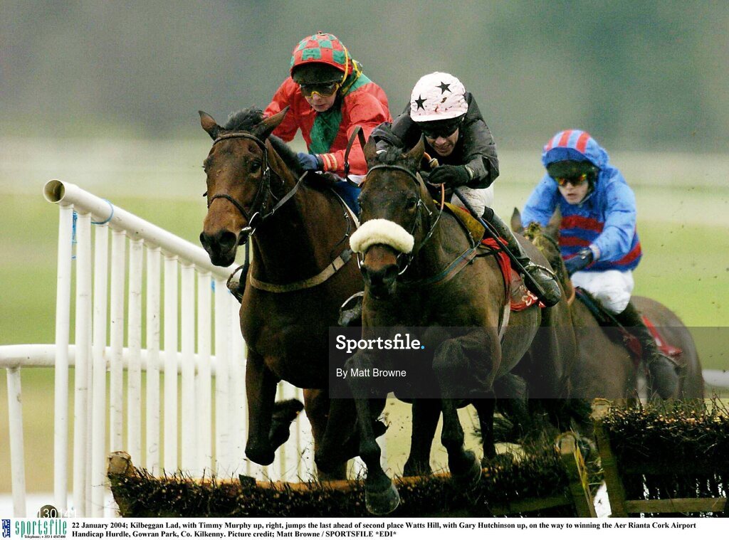 22 January 2004; Kilbeggan Lad, with Timmy Murphy up, right, jumps the last ahead of second place Watts Hill, with Gary Hutchinson up, on the way to winning the Aer Rianta Cork Airport Handicap Hurdle, Gowran Park, Co. Kilkenny. Picture credit; Matt Browne / SPORTSFILE *EDI*