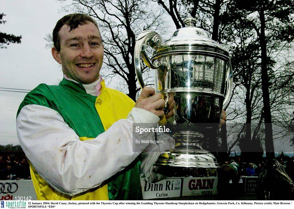 22 January 2004; David Casey, Jockey, pictured with the Thyestes Cup after winning the Goulding Thyestes Handicap Steeplechase on Hedgehunter, Gowran Park, Co. Kilkenny. Picture credit; Matt Browne / SPORTSFILE *EDI*
