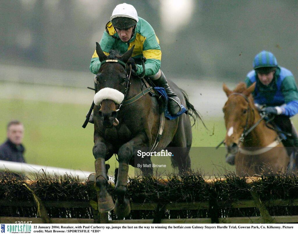 22 January 2004; Rosaker, with Paul Carberry up, jumps the last on the way to winning the betfair.com Galmey Stayers Hurdle Trial, Gowran Park, Co. Kilkenny. Picture credit; Matt Browne / SPORTSFILE *EDI*
