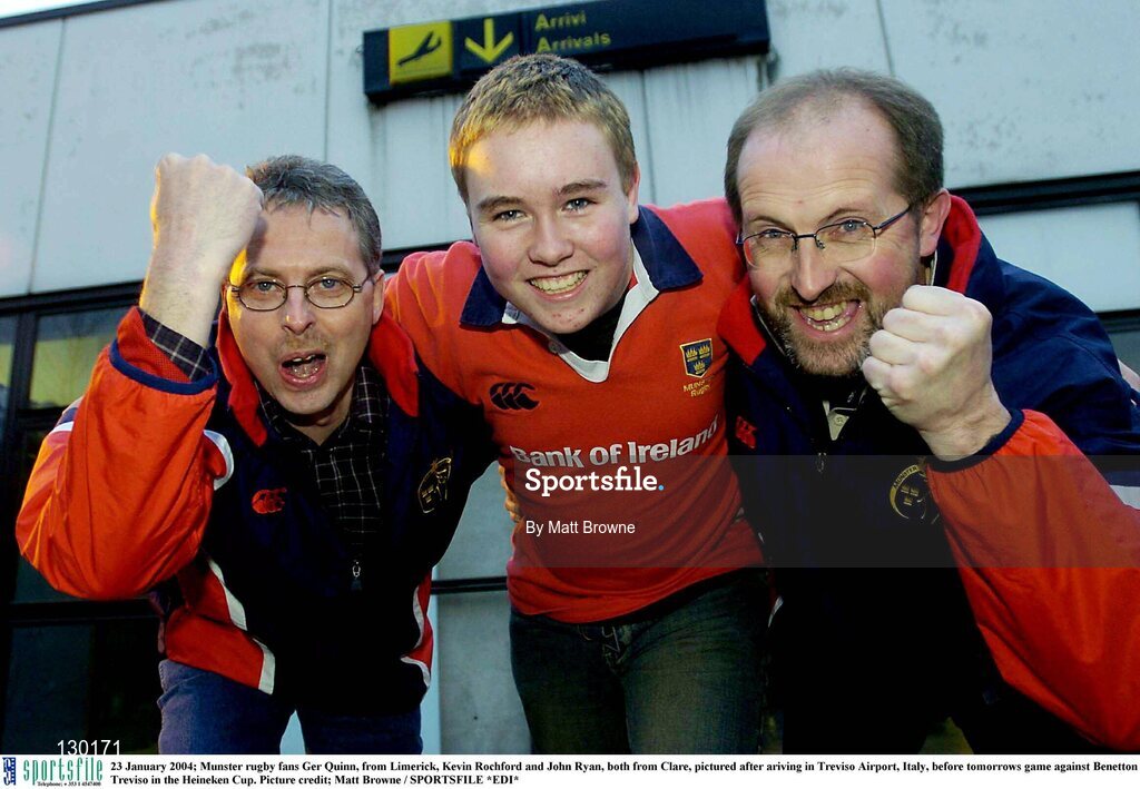 23 January 2004; Munster rugby fans Ger Quinn, from Limerick, Kevin Rochford and John Ryan, both from Clare, pictured after ariving in Treviso Airport, Italy, before tomorrows game against Benetton Treviso in the Heineken Cup. Picture credit; Matt Browne / SPORTSFILE *EDI*