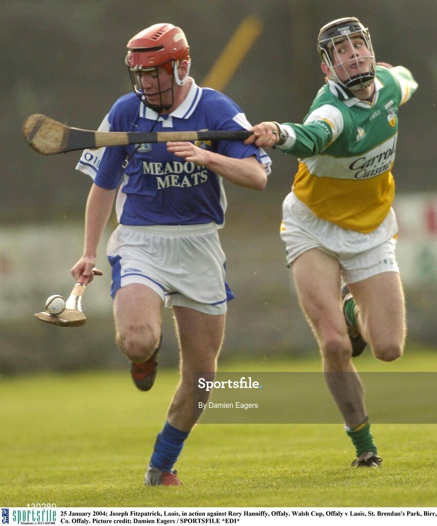 25 January 2004; Joseph Fitzpatrick, Laois, in action against Rory Hanniffy, Offaly. Walsh Cup, Offaly v Laois, St. Brendan's Park, Birr, Co. Offaly. Picture credit; Damien Eagers / SPORTSFILE *EDI*