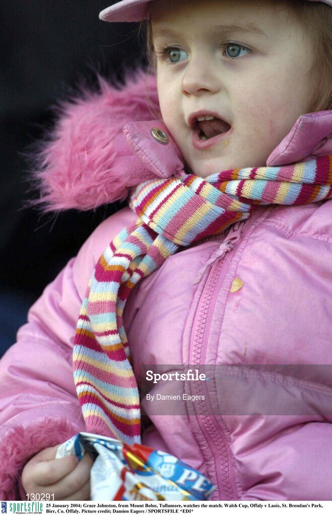 25 January 2004; Grace Johnston, from Mount Bolus, Tullamore, watches the match. Walsh Cup, Offaly v Laois, St. Brendan's Park, Birr, Co. Offaly. Picture credit; Damien Eagers / SPORTSFILE *EDI*