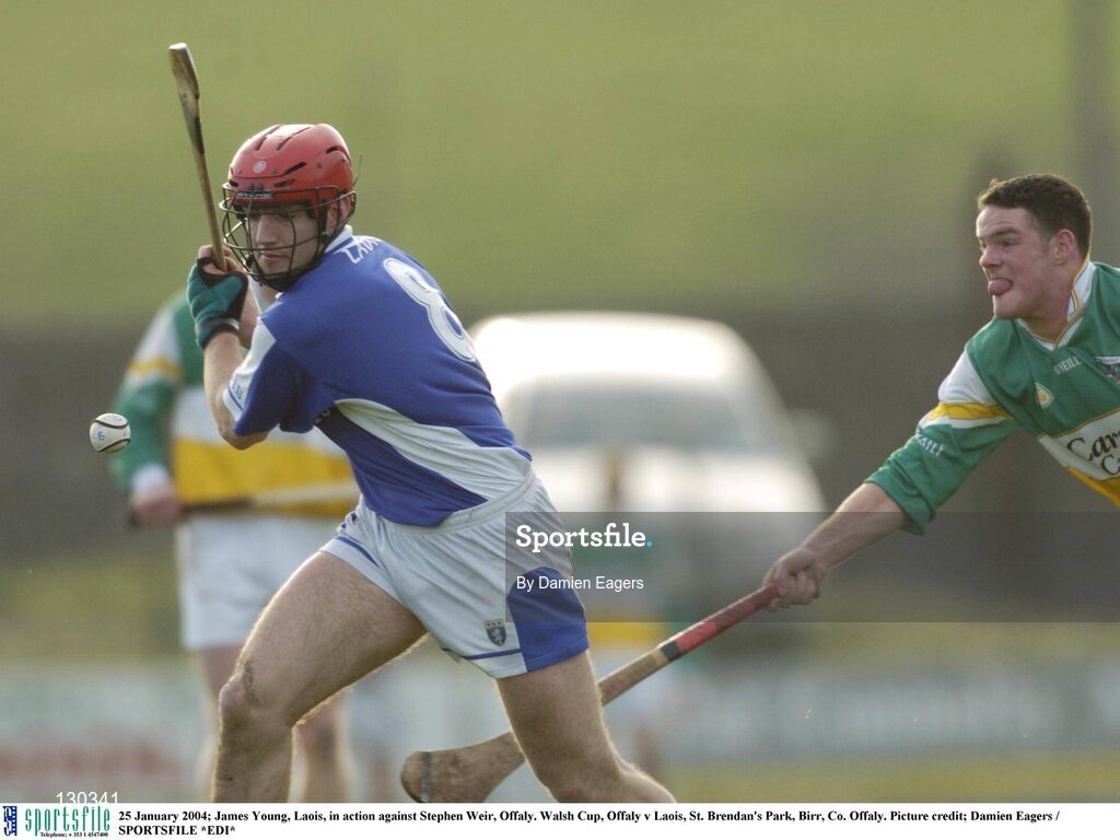 25 January 2004; James Young, Laois, in action against Stephen Weir, Offaly. Walsh Cup, Offaly v Laois, St. Brendan's Park, Birr, Co. Offaly. Picture credit; Damien Eagers / SPORTSFILE *EDI*