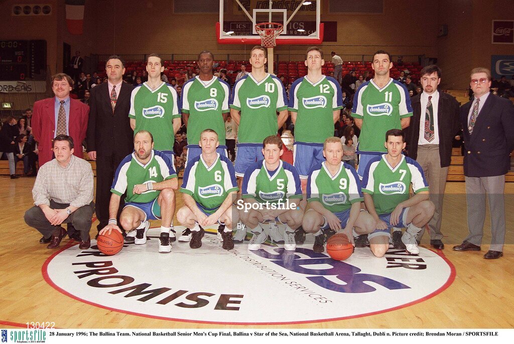 28 January 1996; The Ballina Team. National Basketball Senior Men's Cup Final, Ballina v Star of the Sea, National Basketball Arena, Tallaght, Dubli n. Picture credit; Brendan Moran / SPORTSFILE