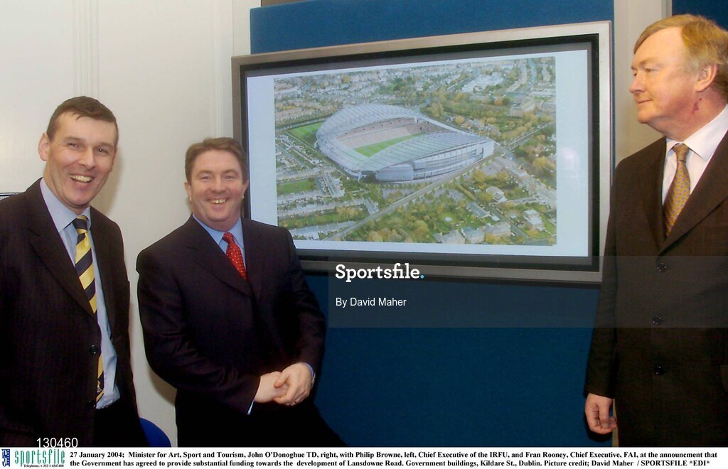 27 January 2004;  Minister for Art, Sport and Tourism, John O'Donoghue TD, right, with Philip Browne, left, Chief Executive of the IRFU, and Fran Rooney, Chief Executive, FAI, at the announcment that the Government has agreed to provide substantial funding towards the  development of Lansdowne Road. Government buildings, Kildare St., Dublin. Picture credit; David Maher  / SPORTSFILE *EDI*